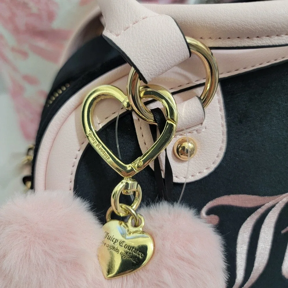 Juicy Couture Urban Heritage Bowler Bag VELOUR With Heart POM Bag Charm & WALLET